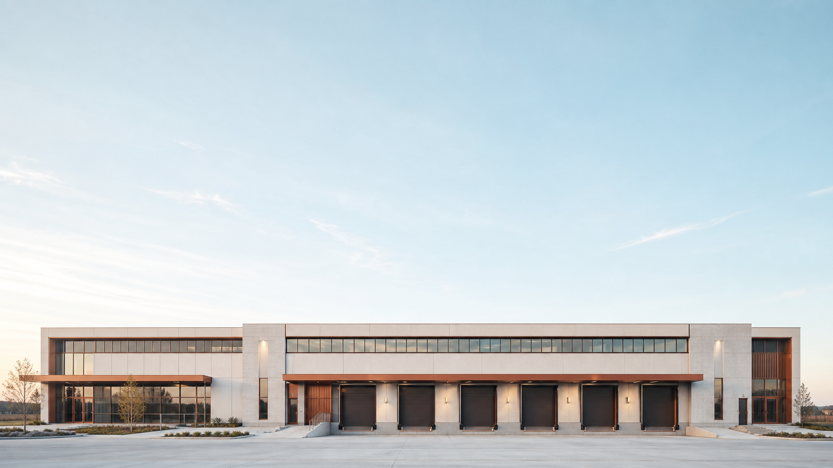 Modern light-industrial property under a clear blue sky